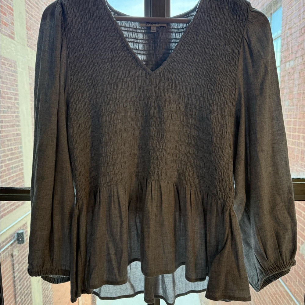 Madewell Smocked V-Neck Peplum Top in Charcoal Gray